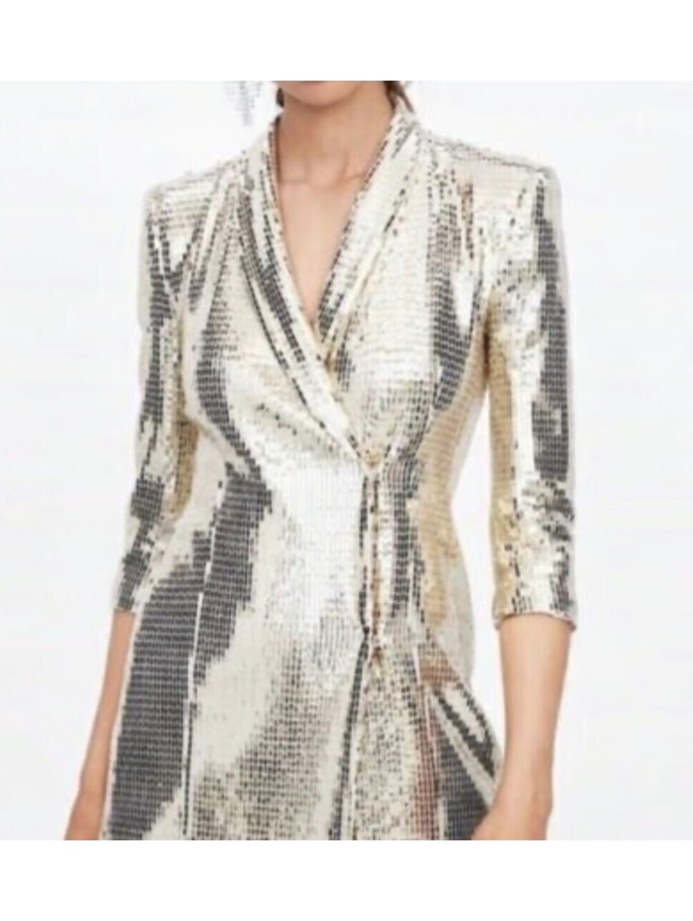Zara Women’s Silver Mirror Metallic Long Blazer Jacket 3/4 Sleeve XS Pockets